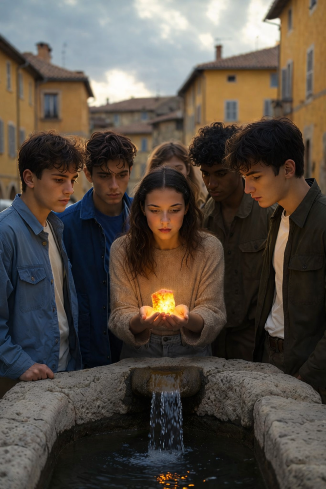 photo groupe de jeune autour d'une fontaine